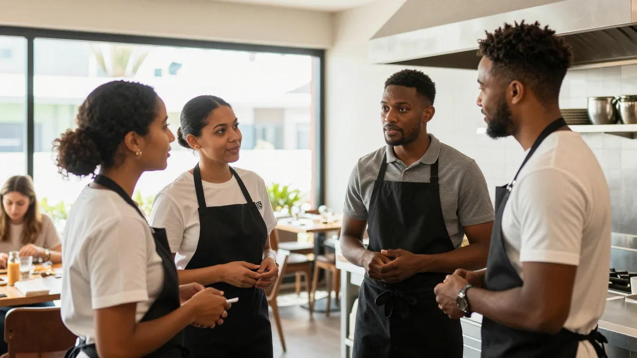 Four restaurant staff members of different backgrounds standing in a pre-shift huddle near the kitchen pass, talking and listening in daylight