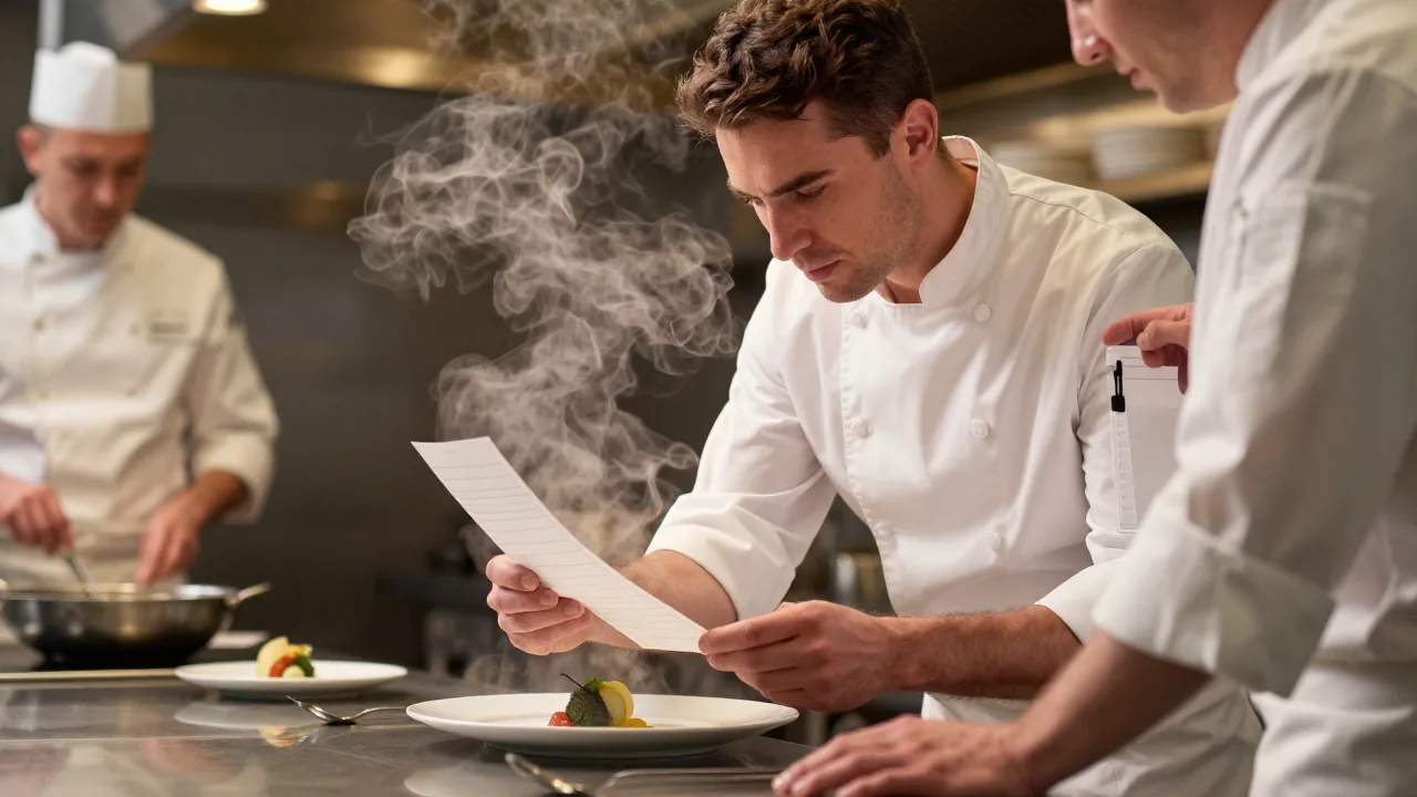 Chef at the kitchen pass reading a ticket rail while plating, an expeditor gesturing beside him in warm steam-filled kitchen light