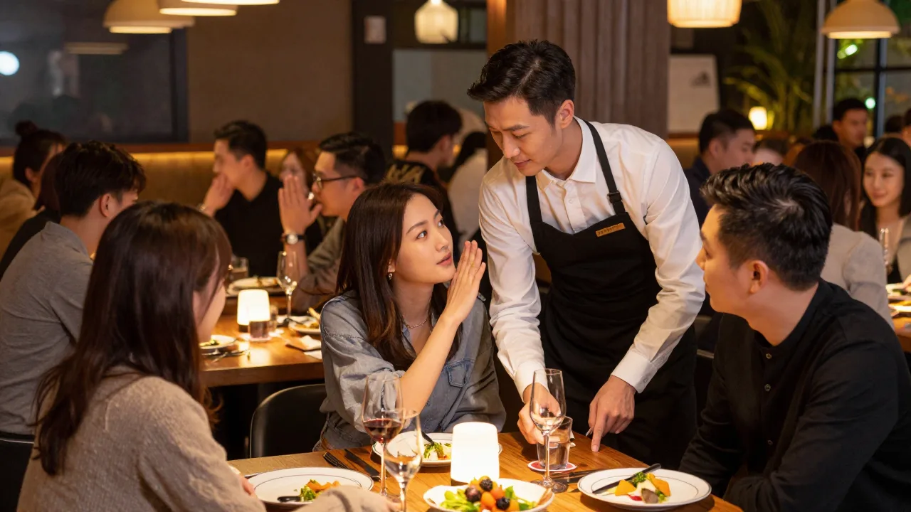 Packed restaurant dining room at peak service with a server leaning in close to hear a seated guest while other tables blur in the background