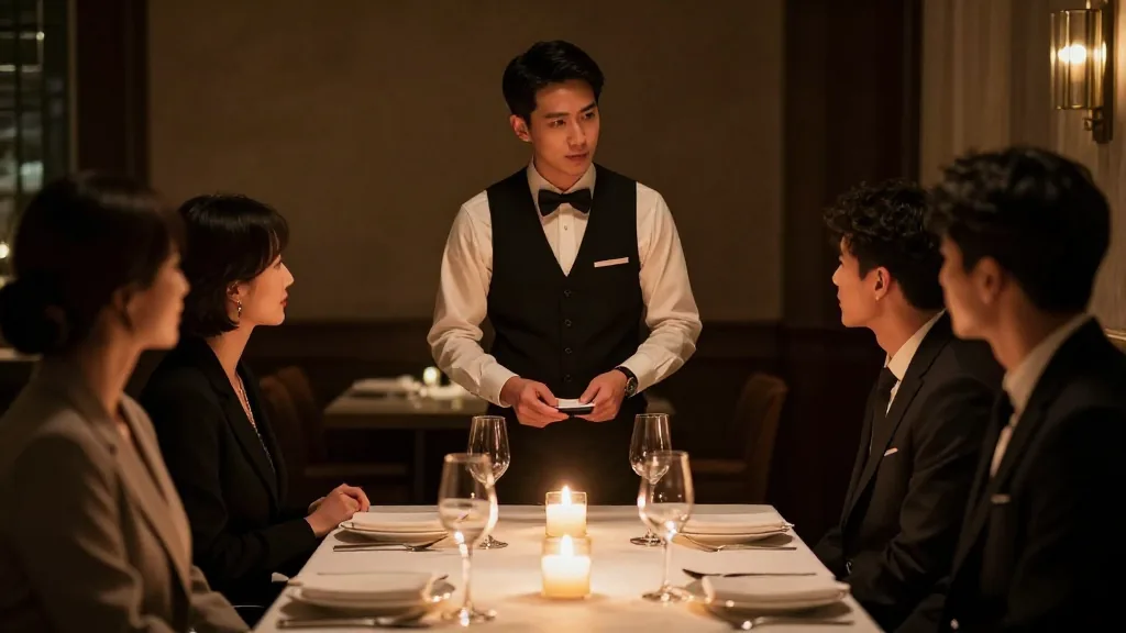 An attentive fine-dining server standing beside a candlelit table in conversation with seated guests, no notepad and no device on the table, warm low-key dining room
