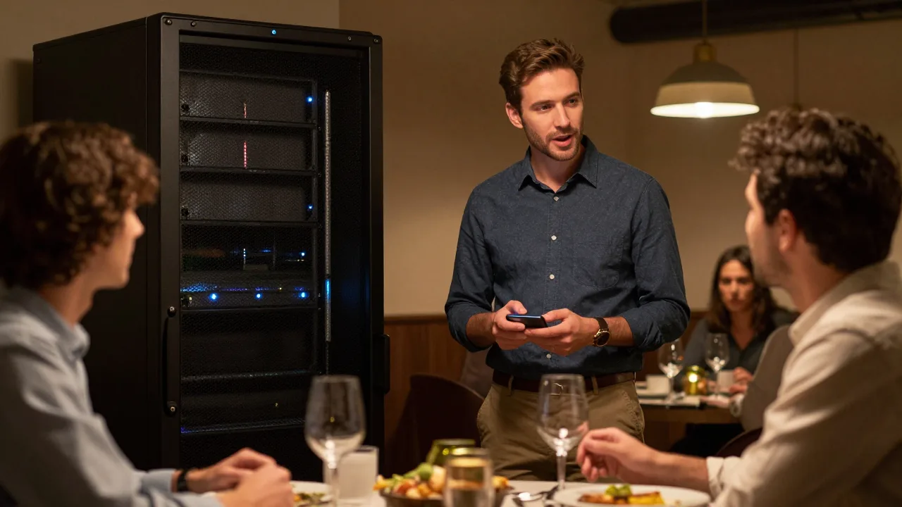 Server standing beside a restaurant table speaking with seated guests, holding a small discreet device instead of a notepad in a warmly lit dining room